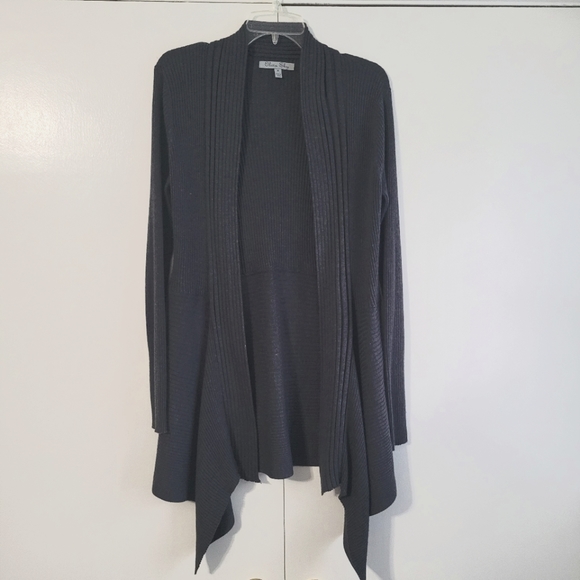Olivia Sky Sweaters - Olivia Sky Women's  Ribbed  Open Cardigan  Size M  Handkerchief Hem  Gray  Boho